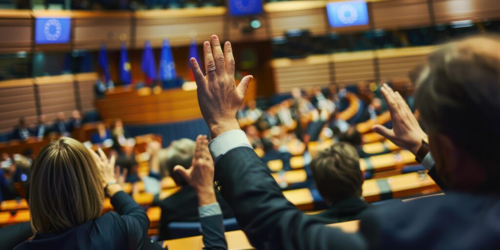 Voting Session: Members of the European Parliament voting during a session for 2024 The Year Of The Eudr Delayed Drama